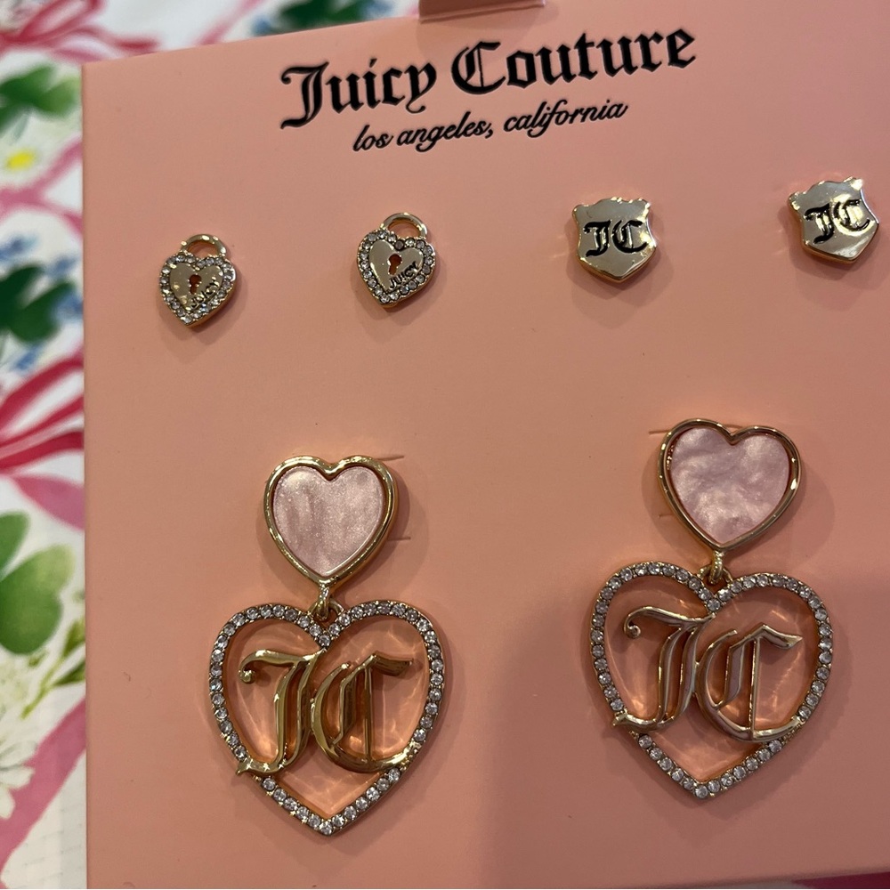 Juicy Couture Set of 3 Earrings (JC Hearts, Shields and Keyholes) New in Box - Picture 12 of 16